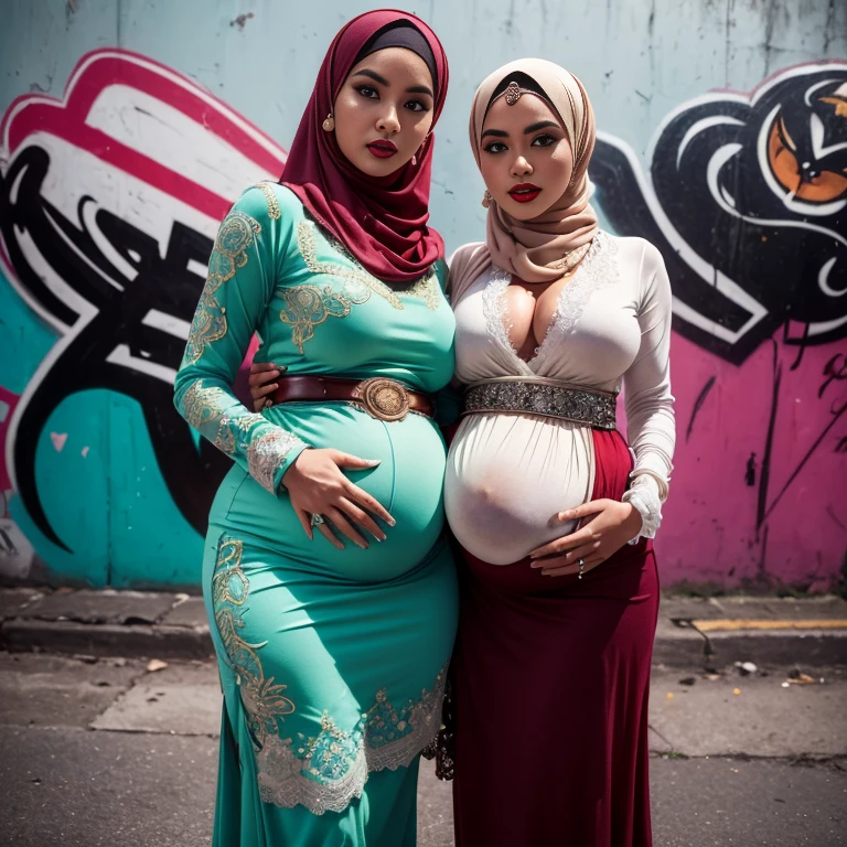 Hijab Malaysian girl pregnant 9 month,Largest Baby Bump pregnant, Largest , Big pregnant Belly, Big Pregnant girl, Largest Belly of Pregnant, Beautiful woman, beautiful face, pregnant, long hair, black hair, realistic, ultra-detailed, big breast, malay, The whole body consists of a young girl with hijab, Eye makeup, 21yo, Cat ears, Soft lighting, groups, Wear shabby clothes, Dirty, Tattered futuristic military uniform, Cat's paw badge, Pose, spot color, rendering by octane, Ultra-realistic intricate details, Cinematic, 8K resolution, 70mm, emphasis lightings, (((Huge breast)))(((wearing sexy kebaya))) PERFECT HIJAB & Sexy kebaya dress (((2 girls:1.5, girls standing))) Setting background: Basquiat graffiti wall background,Graffiti artist, urban walls, spray paint cans, bold colors, rebellious strokes, street gallery, artistic , night shadows, public expression, aerosol mastery, layered stencils, cultural messages, graffiti tags, creative risks, vibrant visuals, underground recognition, impactful designs, urban transformation. Art by Mschiffer (((Red lips))) (((only: pubic hair is hairy:1.3))) (((wearing a Sexy belt design by LV))) Full Naked & nude,  bride very fit physique (38D breast:1.3) , (((Woman with hijab style, hijab and kebaya dress)), (lace stockings), (((Wearing: diamond necklace and earrings))). RAW photo, full sharp, detailed face (high detailed skin:1.2), 8k uhd, dslr, soft lighting, high quality, film grain, Fujifilm XT3, (extremely beautiful face, sexy lips, beautiful red lips, Clear eyes, beautiful eyes), (big green eyes), pretty girl, face forward, intricate detail face, ((ultra detailed skin)) (skin texture, film grain), Detailed beautiful face, natural tpose, natural facial expression, (((large breasts))), 