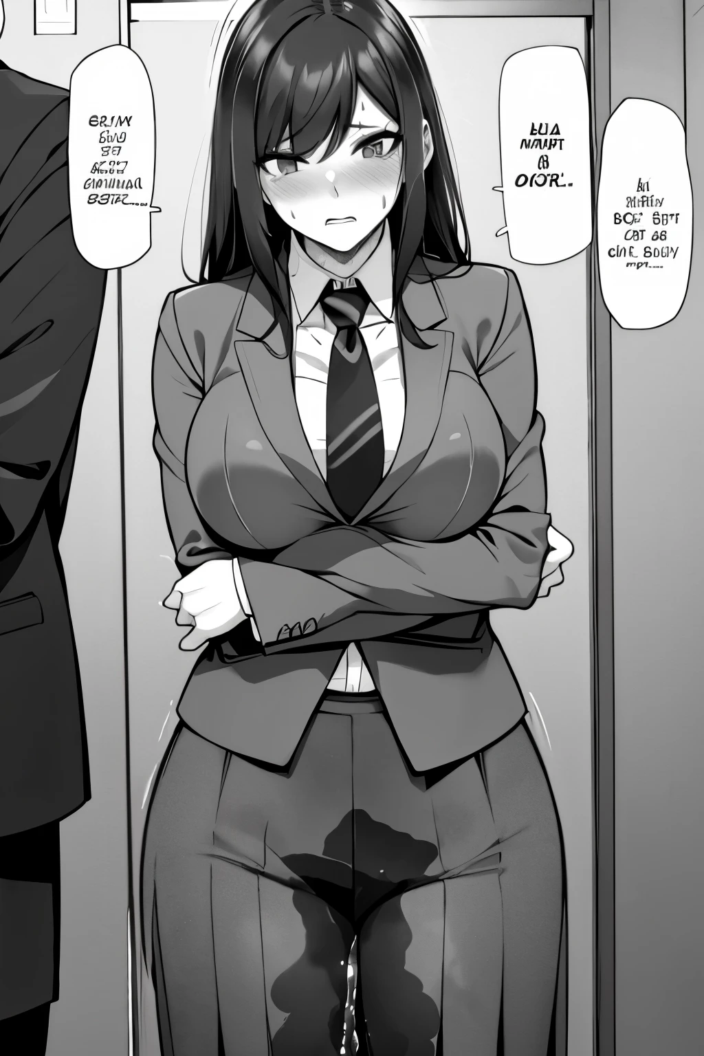 A woman with long black hair, wearing a business outfit consisting of a suit, pencil skirt, and pantyhose, stands in a monochrome setting. The artwork is inspired by manga and incorporates a doujin style. The woman appears to be (wetting herself:1.5), which causes her to feel embarrassed and humiliated, resulting in a blush on her face. In addition, there is an air of anger in her expression. The lighting in the scene is moody, with a spotlight highlighting the woman's figure. She is crossing her arms, (arms crossed:1.5), fully showcasing her skirt., medium breasts