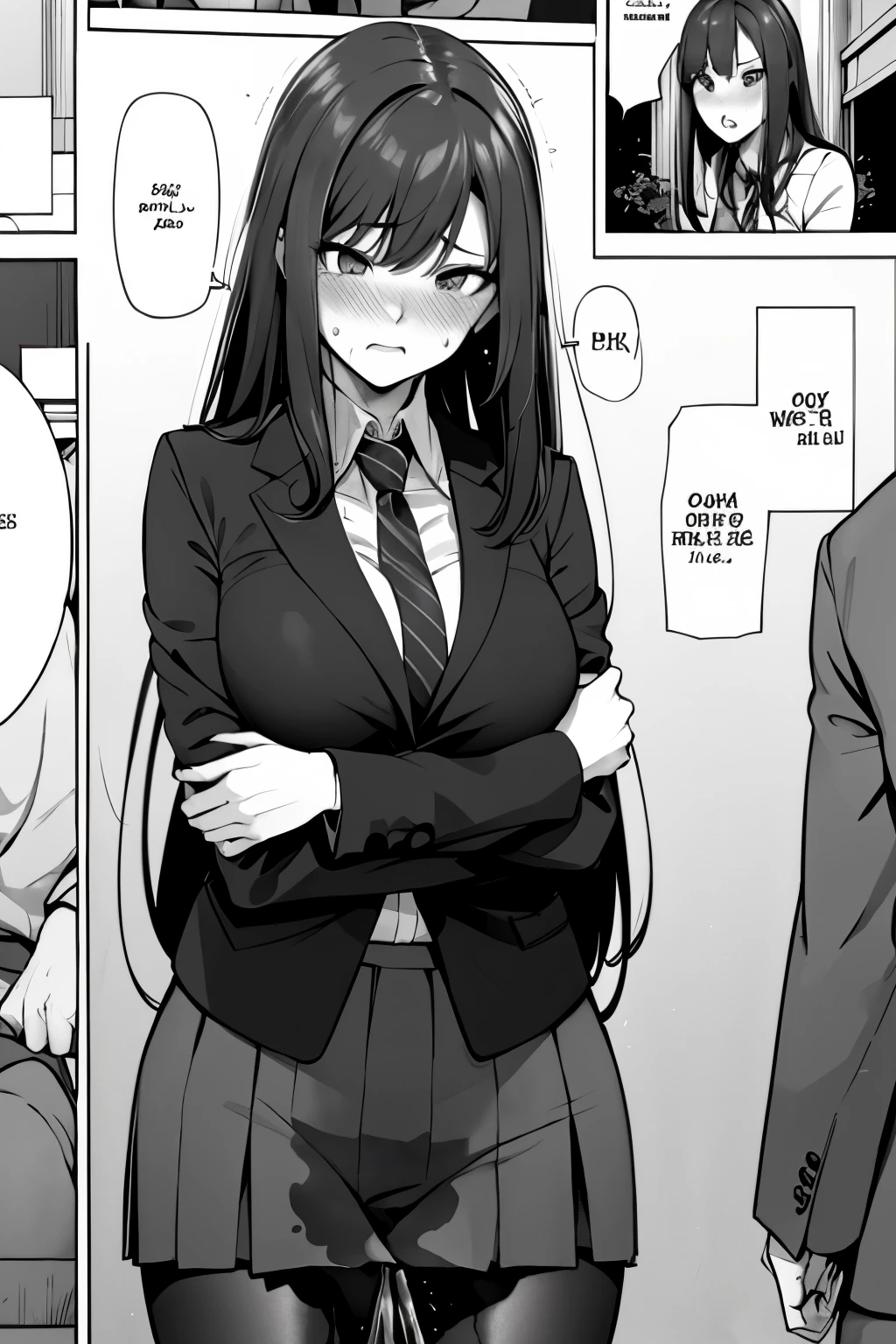 A woman with long black hair, wearing a business outfit consisting of a suit, pencil skirt, and pantyhose, stands in a monochrome setting. The artwork is inspired by manga and incorporates a doujin style. The woman appears to be (wetting herself:1.5), which causes her to feel embarrassed and humiliated, resulting in a blush on her face. In addition, there is an air of anger in her expression. The lighting in the scene is moody, with a spotlight highlighting the woman's figure. She is crossing her arms, (arms crossed:1.5), fully showcasing her skirt., medium breasts