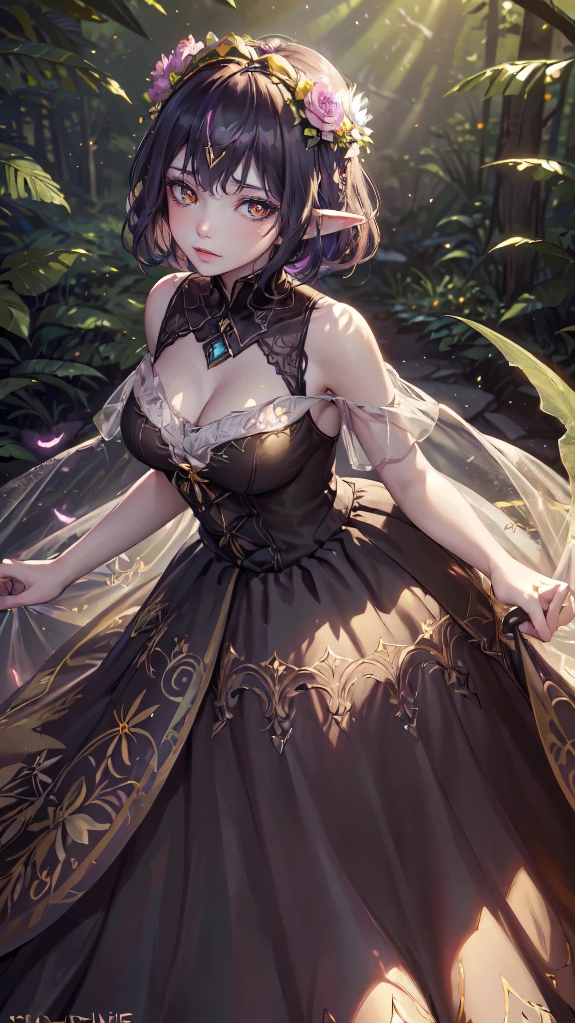 eyeline,(lewd eyes:1.4),(faeries:1.2),(high resolution,best quality,like a dream,obsessed,at a forest,faeries),(vibrant with colors,ultra - detailed),(Beautiful lewd eyes,Mottled sunlight,Whimsical creatures,sparkling mysterious mist,Evocative atmosphere otherworldly beauty),(magical light,Faint ethereal light),(in pastel shades,fantasticcolors),(Dancing fireflies,lively faeries,Breeze whispered),layered lace dress,Exquisite and beautiful gauze long skirt,(Colorful princess dress:1.4),(Elf Flower Crown:1.2),(Beautiful lewd eyes, vibrant with colors, oil painted, flowers in the background, A flowing dress, Fantastical Atmosphere, Eyebrows are very clear, gentlesoftlighting, Fantasy elements, Magical environment, Realistic high resolution images, dynamic and energetic),(vivd colour:1.5), detailed face, detailed eyes, detailed hands