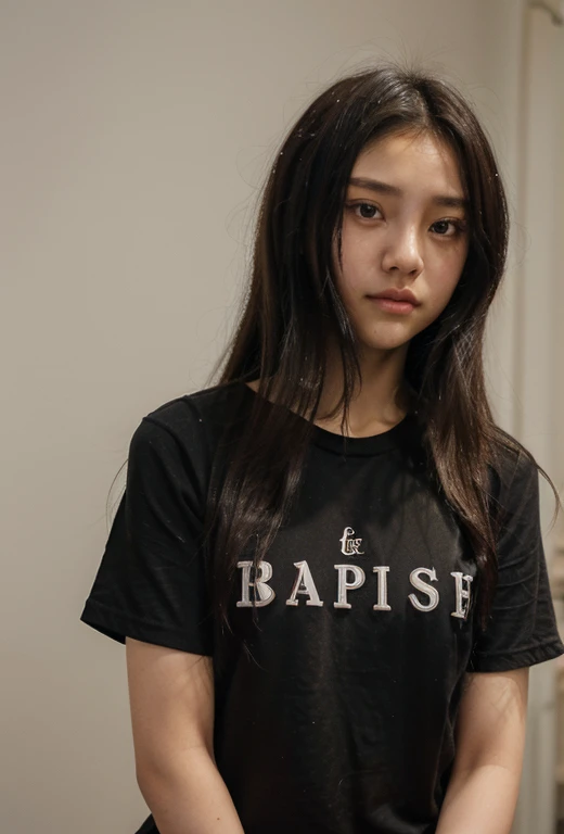 a 12 year old she is Japanese , olhos pretos e afiados, cabelos negros e lisos, usava o cabelo amarrado, vestia um casaco preto com detalhes brancos, uma blusa branca por baixo e uma short saia preto