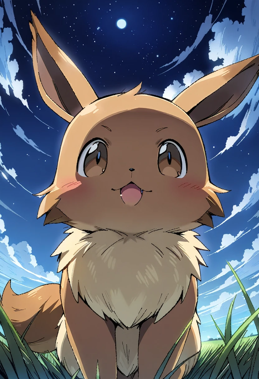 (Masterpiece, best quality:1.2, highres) 1 Pokémon, solo, Eevee, body shot, in field, night sky, clouds.
