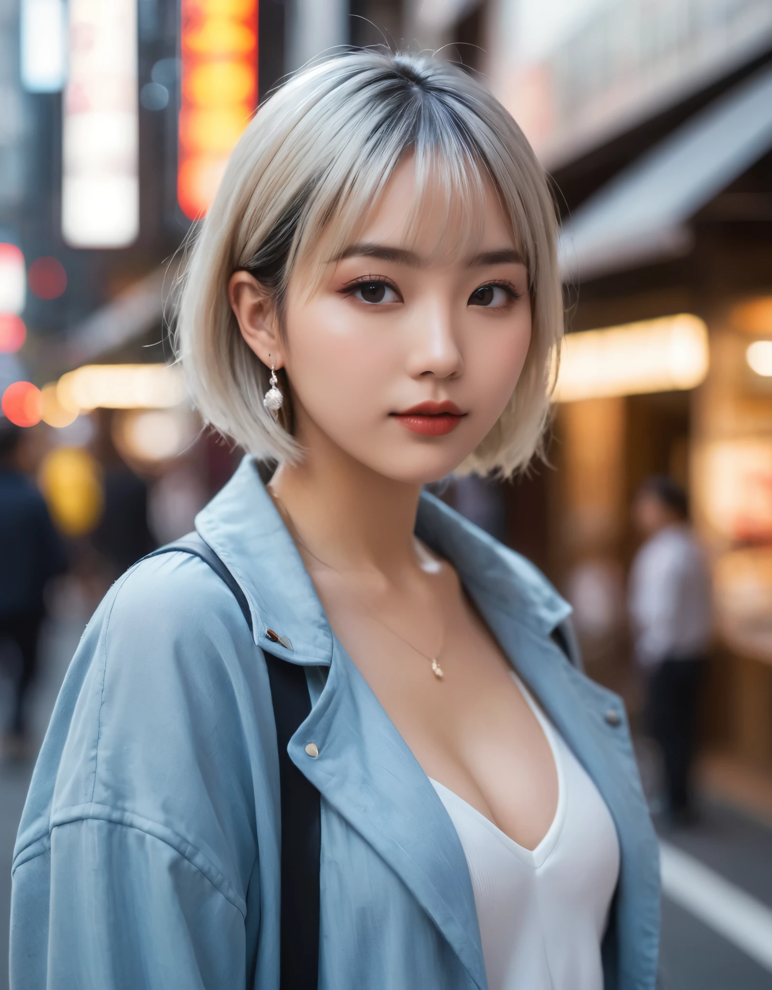 ((nsfw:1.5)),1girl, blunt bangs, high ponytail, silver hair, tokyo_street_fashion_xl, earrings, fishnet legwear, fishnets, jacket on shoulders, jewelry, lipstick, parted lips, makeup, white stiletto heels, solo, squatting, hand on cheek, blue eyes, sassy, half-closed eyes,, [evangelion:cyberpunk edgerunners:0.5], reflective transparent iridescent opaque clothing, very aesthetic, highres, 4k, 8k, intricate detail, cinematic lighting, amazing quality, amazing shading, detailed Illustration, official artwork, wallpaper, official art, extremely detailed eyes and face, beautiful detailed eyes, from below, full body, thigh gap, The open space behind、

【Details】((8K、highest quality、masterpiece))、(Form Shadow(or Core Shadow))、(Surreal)、(An illustration)、(High resolution)、(Very detailed)、(最高のAn illustration)、(Very detailed)、(Realistic)、(Natural light)、(Anatomically correct),((bokeh:1.4)),(short focus lens:1.7)、((Pale Light、darkness:2.5))

setting：Japanese women、18-year-old、cute、Baby Face、(Beautiful face in every detail)、(Detailed、Realistic skin texture)、(Dimples)、Naughty face、(strong shadow)、(Drop Shadow:1.2)、Hard Light、Backlight、Ear cleaning pose、Delicate depiction of clothing、Dark shading、Captivating smile、(Photorealistic:1.5)、Depth of written boundary、Ray Tracing、Rotational symmetry、85mm、f/1.8、Super Detail、Textured Skin、Portrait Natural Lip Gloss、eyeliner、Brown eyes、(美しいFine grain)、

(Different eyes)、(Fine grain)、(Brown eyes)、((Shining Eyes))、(closed small mouth)、

hair:(Caramel Hair),(鈍い前hair,刈り上げた前 hair,very long hair,romantic low bun,風に舞うhair, (Very detailedでリアルなhair)、長いhair、(((絹のようなhair ,光沢のあるhair))) 

((Realistic big breasts))、Perfect body、Athletic Body、glamorous、Narrow shoulders、Slender body、Fine skin、Shiny skin、Perfect body、Fine skin、Clear skin、

Earrings、

((hairを三つ編み))、Twin braids、理hair、hairを握る、hairを結ぶ、hairを調整する、((hairを肩にかける))、hairに手を持つ、、編み込みhair,Full Body Photo、