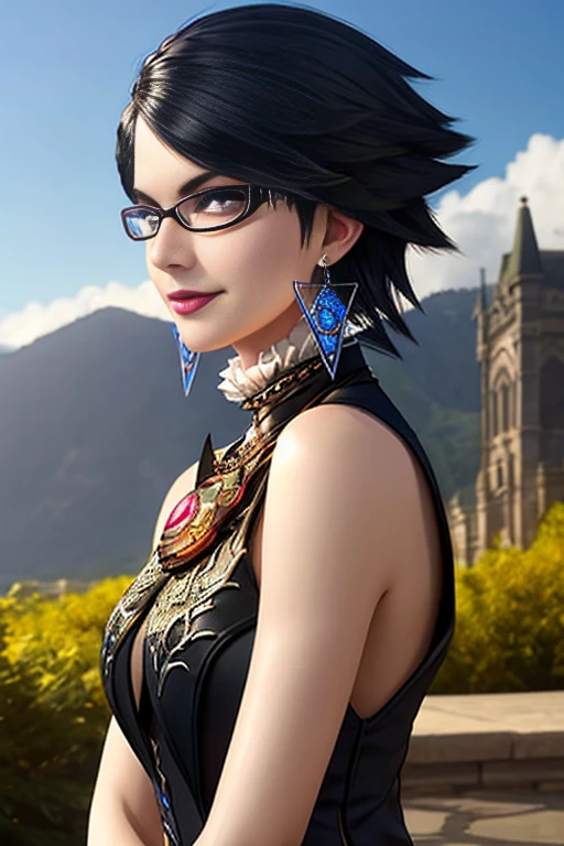 score_9, score_8_up, score_7_up, score_6_up, score_5_up, 1girl, Bayonetta, 1girl, solo, full body, looking at viewer, smile, short hair, blue eyes, jewelry, earrings, sky, black hair, glasses, lips, makeup, lipstick, eyeshadow, black-framed eyewear, alternate hair length, amulet (insanely detailed, beautiful detailed face, masterpiece, best quality) 