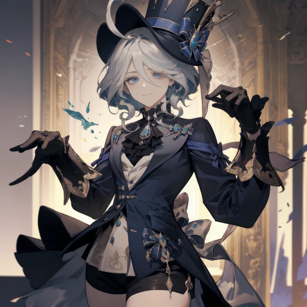 drop-shaped pupils, symbol-shaped pupils, ((empty eyes)), ((blank eyes)), yandere, (((red theme))), smug, evil smile, insane, evil, dark, genshin impact, furina(genshin impact), furina from genshin impact, ((((short hair)))), hat, blue hat, top hat, white hair, asymmetrical gloves, black gloves, blue eyes, frills, mismatched gloves, puffy sleeves, black shorts, wavy hair, ((masterpiece, ultra-detailed, intricate details, best quality, illustration)), (Masterpiece, best quality, complex details: 1.2), (masterpiece, top quality, best quality, official art, beautiful and aesthetic:1.2), (masterpiece, best quality, highres:1.4), (the best quality:1.2), (best quality), (masterpiece), (ultra detailed), (highres), (super fine illustrations:1.2), (dynamic pose), extreme detailed, exquisite masterpiece, high detail, 8k, 4k, highest detailed, production art, victorian era, 1girl, (((petite female))), short, solo, ahoge, long bangs, hair between eyes, light rays, blurry background, light particles, flat chest, thick thighs