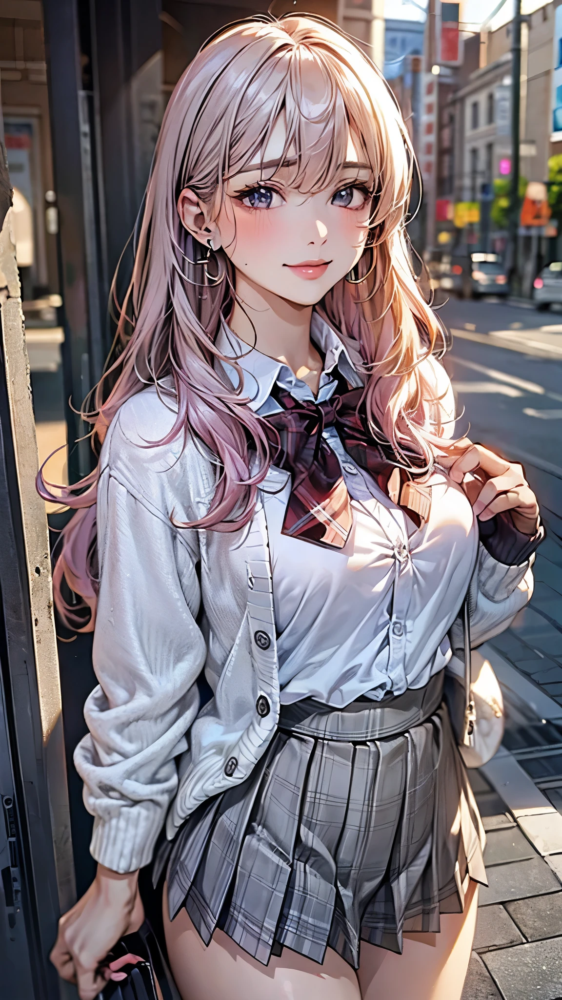 (masterpiece:1.2, top-quality), (realistic, photorealistic:1.4), beautiful illustration, (natural side lighting, movie lighting),
looking at viewer, cowboy shot, front view:0.6, 1 girl, japanese, high school girl, perfect face, cute and symmetrical face, shiny skin,
(long hair:1.8, straight hair:1.7, light pink hair), parted bangs, emerald green eyes, small eyes, long eye lasher, (large breasts:0.9, thick thighs),
beautiful hair, beautiful face, beautiful detailed eyes, beautiful clavicle, beautiful body, beautiful chest, beautiful thigh, beautiful legs, beautiful fingers,
((white collared shirts, grey pleated mini skirt, (violet cardigan), black socks, brown loafers, red bow tie)), hoop ring earrings, pink panties,
(beautiful scenery), evening, riverside, walking, hands on chest, (lovely smile, upper eyes),
