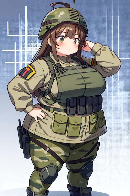 Soldier girl, messy brown hair, very chubby, ahoge, fat, hand on hip, obese, bbw, overweight, (soldier helmet):1.5 tactical vest, gun, camo, combat boots, bodysuit