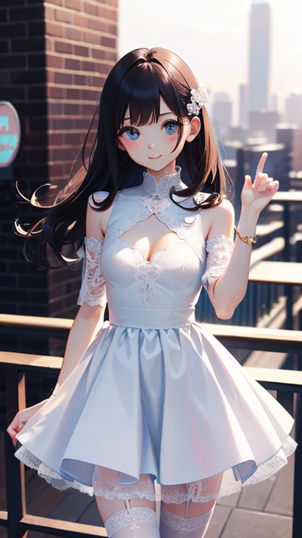 masterpiece, highest quality, One girl, View your viewers, Small waist, RAWphotograph,Hands intricately、Beautiful fingertips、 Ultra-realistic, High resolution, photograph, Sharp focus, Most detailed, Very detailed, Super detailed, In detail, Very detailed目と顔,Very detailed手と指、Idol、Thighs, beautiful girl,View your viewers, Small waist,Symmetrical face, whole body、White lace skin tight dress、No sleeve、White lace tight skirt、White lace knee socks、Cleavage、Large Breasts、Beautiful clavicle、Long Hair、Beautiful navel、Shyness、Happy expression、First Date、amusement park、Ferris wheelに乗る、Ferris wheel、Ferris wheelの中