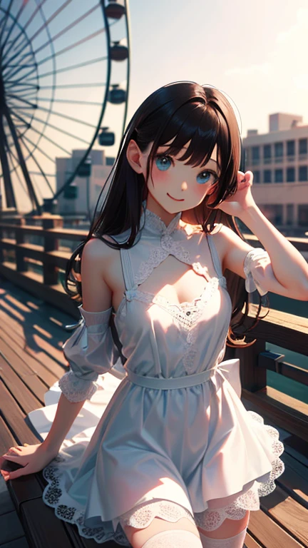 masterpiece, highest quality, One girl, View your viewers, Small waist, RAWphotograph,Hands intricately、Beautiful fingertips、 Ultra-realistic, High resolution, photograph, Sharp focus, Most detailed, Very detailed, Super detailed, In detail, Very detailed目と顔,Very detailed手と指、Idol、Thighs, beautiful girl,View your viewers, Small waist,Symmetrical face, whole body、White lace skin tight dress、No sleeve、White lace tight skirt、White lace knee socks、Cleavage、Large Breasts、Beautiful clavicle、Long Hair、Beautiful navel、Shyness、Happy expression、First Date、amusement park、Ferris wheelに乗る、Ferris wheel、Ferris wheelの中