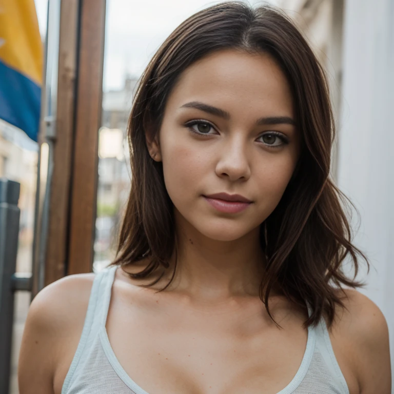 jeune femme de 25 ans, Brune aux yeux bleus, Hispanique, pluie d&#39;summer, bare shoulders, Coupe-bas, in a medieval village, murs en anciennes pierres, portes en bois