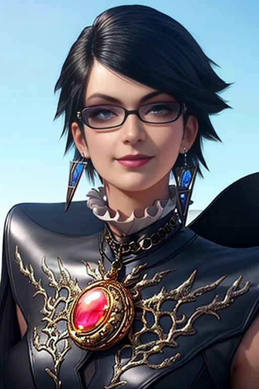 score_9, score_8_up, score_7_up, score_6_up, score_5_up, 1girl, Bayonetta, 1girl, solo, full body, looking at viewer, smile, short hair, blue eyes, jewelry, earrings, sky, black hair, glasses, lips, makeup, lipstick, eyeshadow, black-framed eyewear, alternate hair length, amulet (insanely detailed, beautiful detailed face, masterpiece, best quality) 