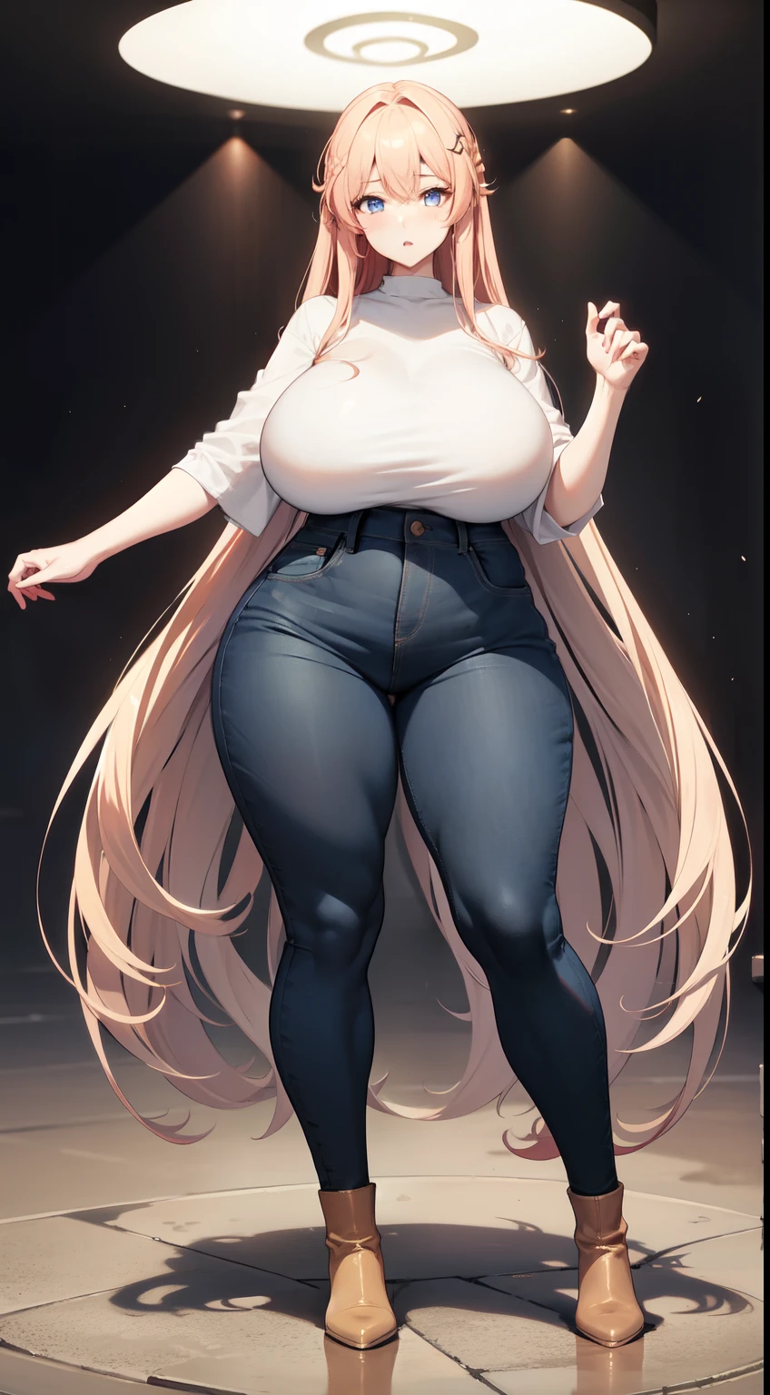 1 very high, Slim sexy girl, Extremely exaggerated tall figure,Extremely tall,Oversized, thick-bodied,elongate waist,Extremely exaggerated huge thick butt,Extra long thick legs,Extremely exaggerated long legs,Exceptionally long legs,Thick and long super long legs,bronze skin, whitet-shirt, denim pant, Brown booties,Very long white hair, Super long hair three meters long,Extra-long curls,eBlue eyes,Fulll body Shot,Full body photo。(RED HAIR)
