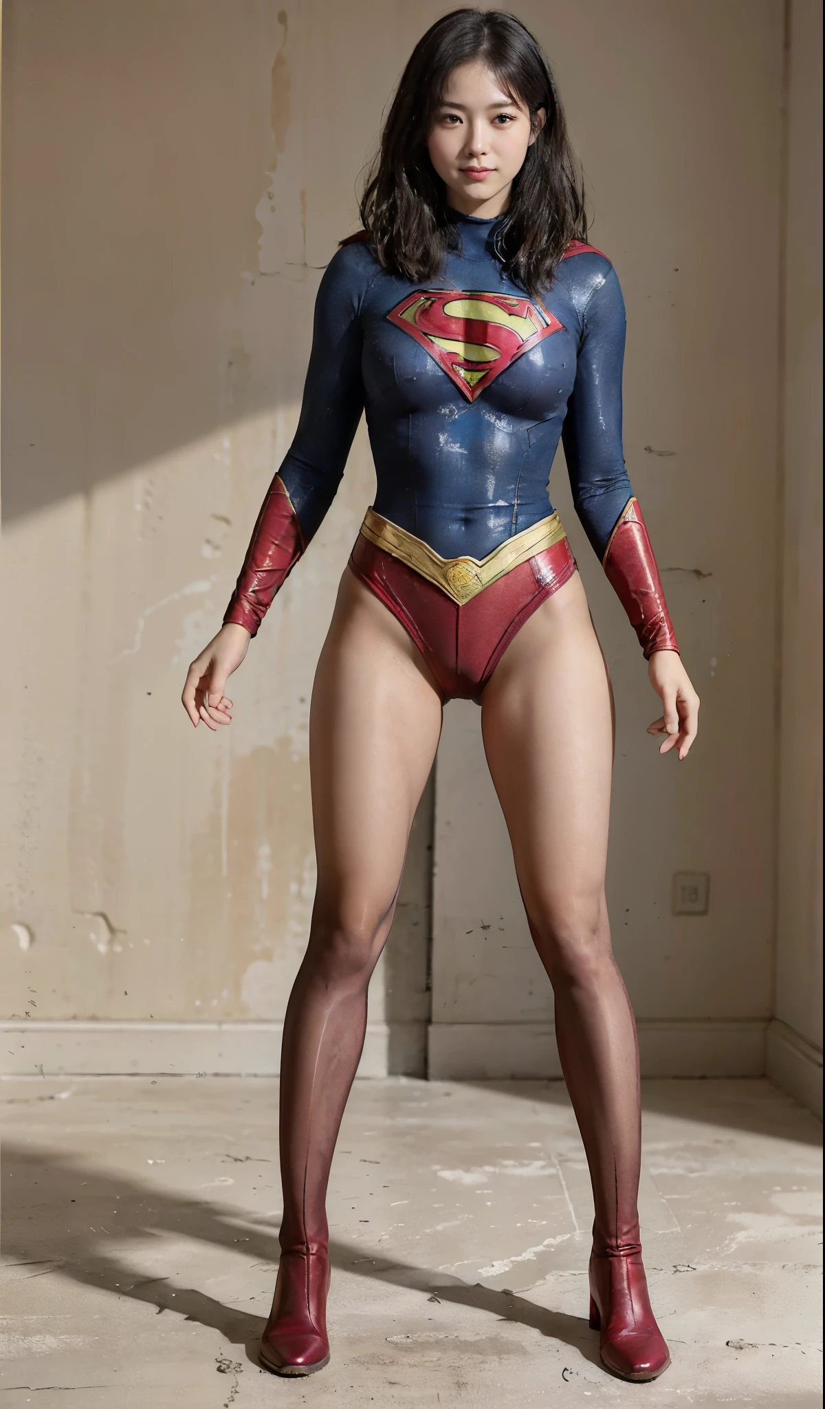 No background、(((Beautiful legs in black tights.)))、(((Legally express the beauty of your smile)))、((((Make the most of your original images)))、(((Supergirl Costume)))、(((Short beautiful hair)))、(((suffering)))、(((Please wear black tights....、Wear red boots)))、((Best image quality、8K))、((highest quality、8K、masterpiece:1.3))、(((Preserve background )))、Sharp focus:1.2、Beautiful woman with perfect figure:1.4、Thin abdominal muscles:1.2、Wet body:1.5、Highly detailed face and skin texture、8K