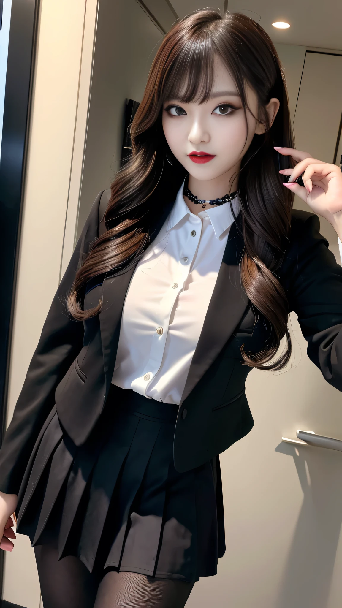 best quality、ultra-detailed、4k、Japanese、Seductive beauty、seductive adult woman、Pretty Woman、cool girl、Villainess、Brainwashed、brainwash、Fallen into evil、smirk、Evil look、Wicked Smile、evil、Brown hair、wavy hair、swept bangs、dark makeup、dark makeup、piercing eyes、hollow eyes,half-closed eyes、Hollow Eyes、purple Eyeshadow、black lipstick、black lipglos、uniform、suit、Jacket、blouse、Middle Flared Skirt、skin color pantyhose、night、inside darkroom、Are standing、Beautiful feet、Having lipstick、Seduce
