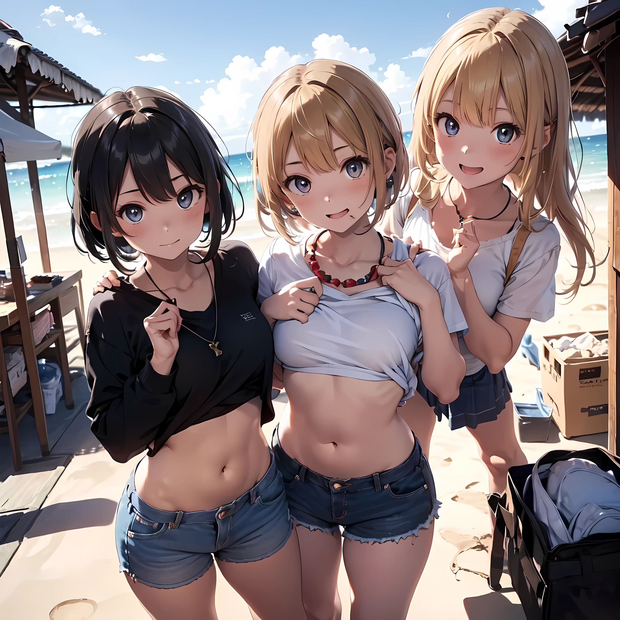 ((masterpiece, best quality, ultra quality, high quality, hyper detailed, intricate detailed, perfect anatomy, shiny skin, cowboy shot,)), (3women are posing for a camera on the beach),  (Front lighting:1.5), (Lift up your shirt), (full nude), (Laughing with your mouth open),  Stand in line ,  brown hair, blond hair, navel, jewelry, looking at viewer, necklace, long hair, short hair, Abdominal muscles, 