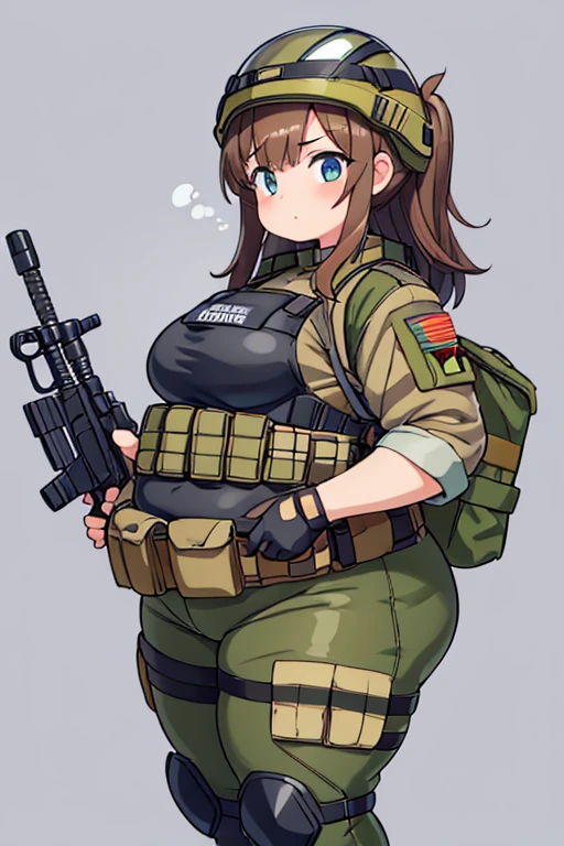 Soldier girl, messy brown hair, very chubby, combat gloves, fat, hand on hip, obese, bbw, overweight, (soldier helmet):1.5 tactical vest, gun, camo, combat boots, bodysuit