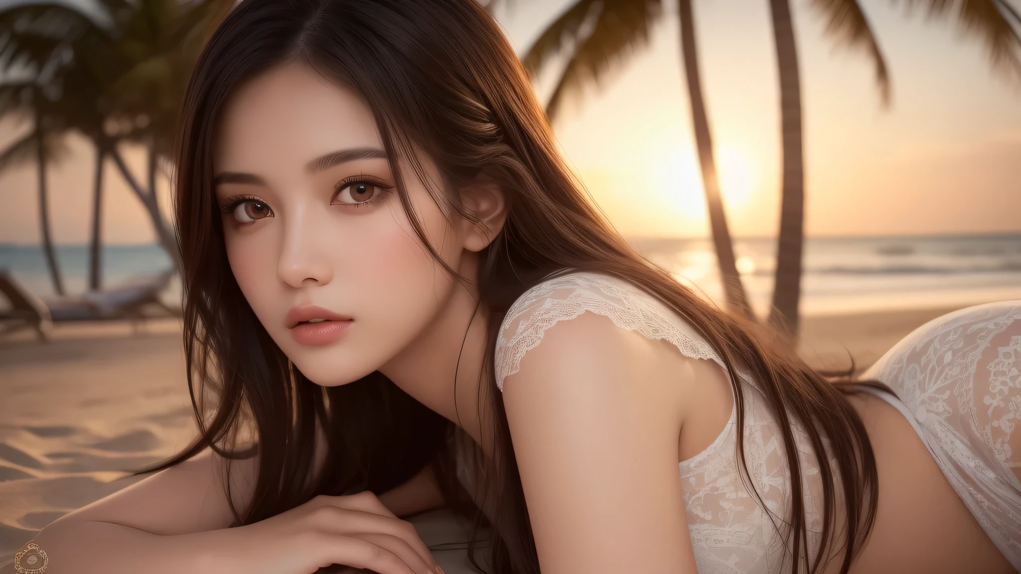 (2girl), Enchanted expression, transparent lace clothes, sexy look, (Best Quality:1.4), (Ultra-detailed), (extremely detailed beautiful face), brown eyes, (highly detailed Beautiful face), (extremely detailed CG unified 8k wallpaper), Highly detailed, High-definition raw color photos, Professional Photography, Realistic portrait, evening, Extremely high resolution, beach, Palm tree, (Fine face:1.2),