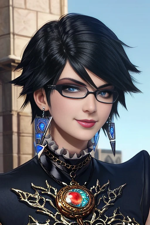 score_9, score_8_up, score_7_up, score_6_up, score_5_up, 1girl, Bayonetta, 1girl, solo, full body, looking at viewer, smile, short hair, blue eyes, jewelry, earrings, sky, black hair, glasses, lips, makeup, lipstick, eyeshadow, black-framed eyewear, alternate hair length, amulet (insanely detailed, beautiful detailed face, masterpiece, best quality) 