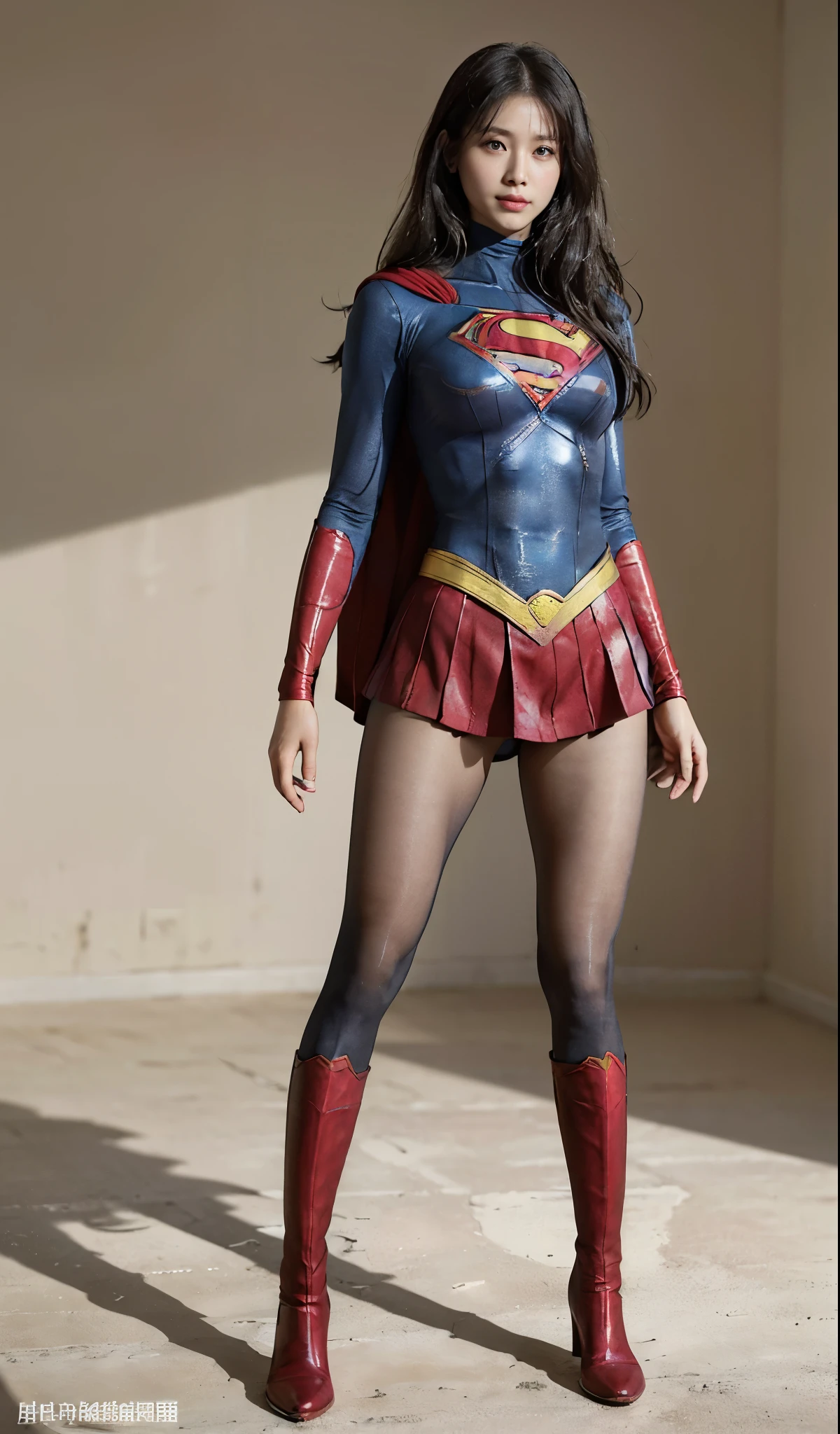 No background、(((Beautiful legs in black tights.)))、(((Legally express the beauty of your smile)))、((((Make the most of your original images)))、(((Supergirl Costume)))、(((Beautiful Hair)))、(((suffering)))、(((Please wear black tights....、Wear red boots)))、((Best image quality、8K))、((highest quality、8K、masterpiece:1.3))、(((Preserve background )))、Sharp focus:1.2、Beautiful woman with perfect figure:1.4、Thin abdominal muscles:1.2、Wet body:1.5、Highly detailed face and skin texture、8K