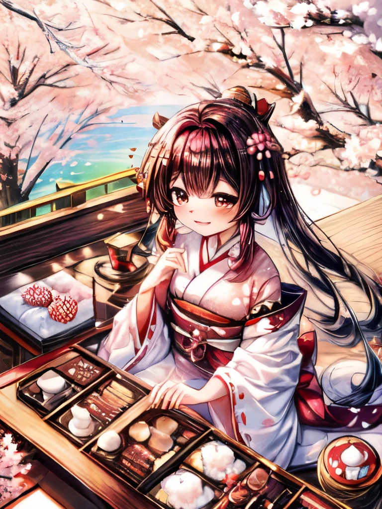 a beautiful and delicious bento box filled with an assortment of Japanese delicacies, such as sushi, tempura, and teriyaki chicken. The bento box should be neatly arranged and visually appealing. The background should feature a serene cherry blossom tree, with petals gently falling. Include a traditional Japanese tea set and a pair of wooden chopsticks to complete the scene.