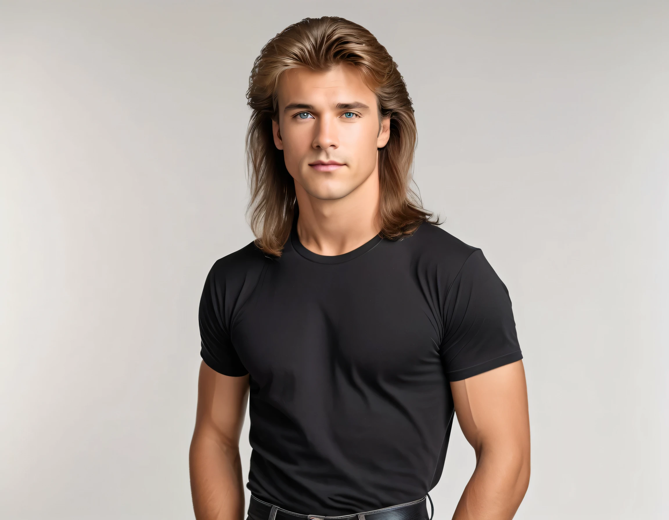 man, fair skin, realistic eyes, (American: 1.2), looking at camera, positioned with the body straight, classic 80s mullet hair, (80s :1.3), toned body, realistic Man, wearing a black t-shirt, against white backdrop, studio photo, 18 years old, captured in 4k realism, (portrait of upper body: 1.4), Full body, (best quality,4k,8k,highres,masterpiece:1.2),ultra-detailed,(realistic,photorealistic,photo-realistic:1.37),vivid colors,portraits,professional,perfect lighting, ((Best Quality, 8K: 1.3)), SFW.