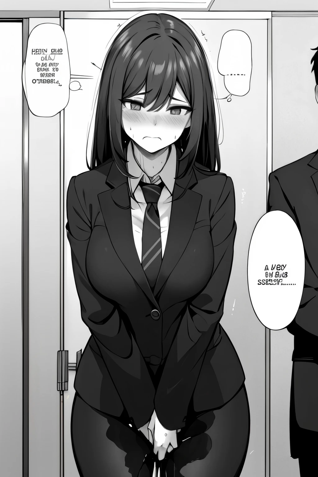A woman with long black hair, wearing a business outfit consisting of a suit, pencil skirt, and pantyhose, stands in a monochrome setting. The artwork is inspired by manga and incorporates a doujin style. The woman appears to be (wetting herself:1.5), which causes her to feel embarrassed and humiliated, resulting in a blush on her face. In addition, there is an air of anger in her expression. The lighting in the scene is moody, with a spotlight highlighting the woman's figure. She is crossing her arms, (arms crossed:1.5), fully showcasing her skirt., medium breasts