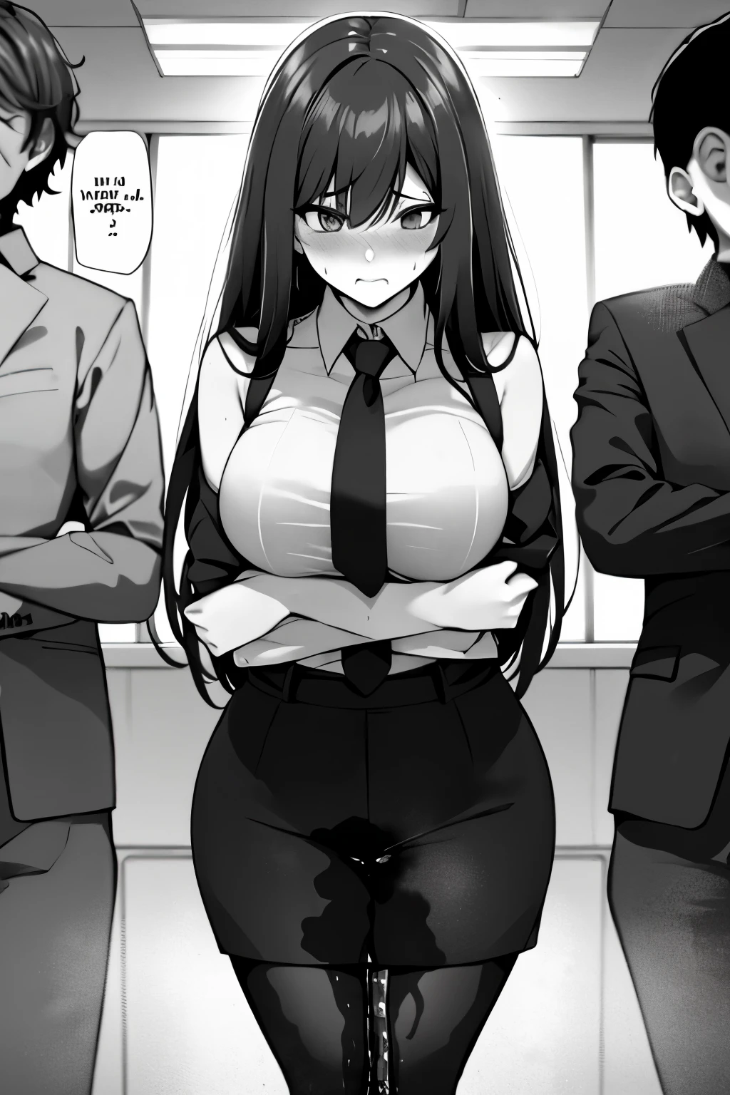 A woman with long black hair, wearing a business outfit consisting of a suit, pencil skirt, and pantyhose, stands in a monochrome setting. The artwork is inspired by manga and incorporates a doujin style. The woman appears to be (wetting herself:1.5), which causes her to feel embarrassed and humiliated, resulting in a blush on her face. In addition, there is an air of anger in her expression. The lighting in the scene is moody, with a spotlight highlighting the woman's figure. She is crossing her arms, (arms crossed:1.5), fully showcasing her skirt., medium breasts