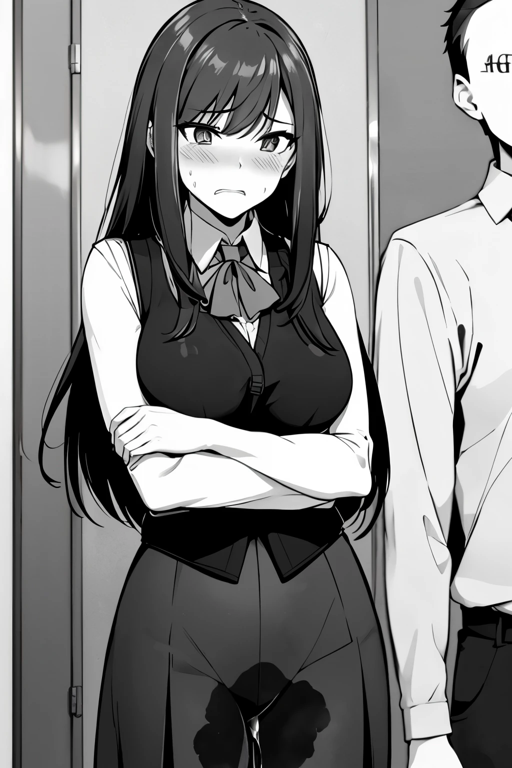 A woman with long black hair, wearing a business outfit consisting of a suit, pencil skirt, and pantyhose, stands in a monochrome setting. The artwork is inspired by manga and incorporates a doujin style. The woman appears to be (wetting herself:1.5), which causes her to feel embarrassed and humiliated, resulting in a blush on her face. In addition, there is an air of anger in her expression. The lighting in the scene is moody, with a spotlight highlighting the woman's figure. She is crossing her arms, (arms crossed:1.5), fully showcasing her skirt., medium breasts