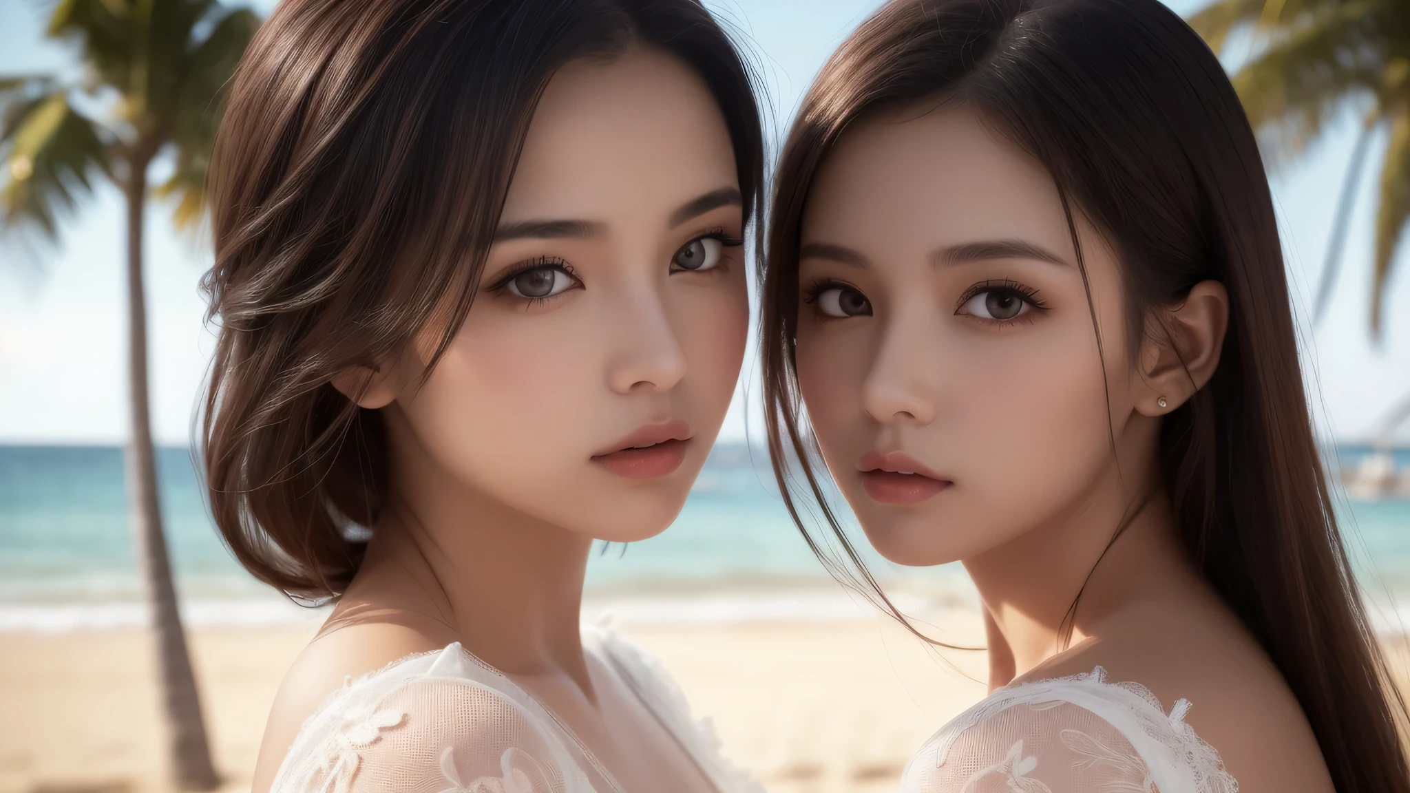 (2girl), Enchanted expression, transparent lace clothes, sexy look, (Best Quality:1.4), (Ultra-detailed), (extremely detailed beautiful face), brown eyes, (highly detailed Beautiful face), (extremely detailed CG unified 8k wallpaper), Highly detailed, High-definition raw color photos, Professional Photography, Realistic portrait, evening, Extremely high resolution, beach, Palm tree, (Fine face:1.2),