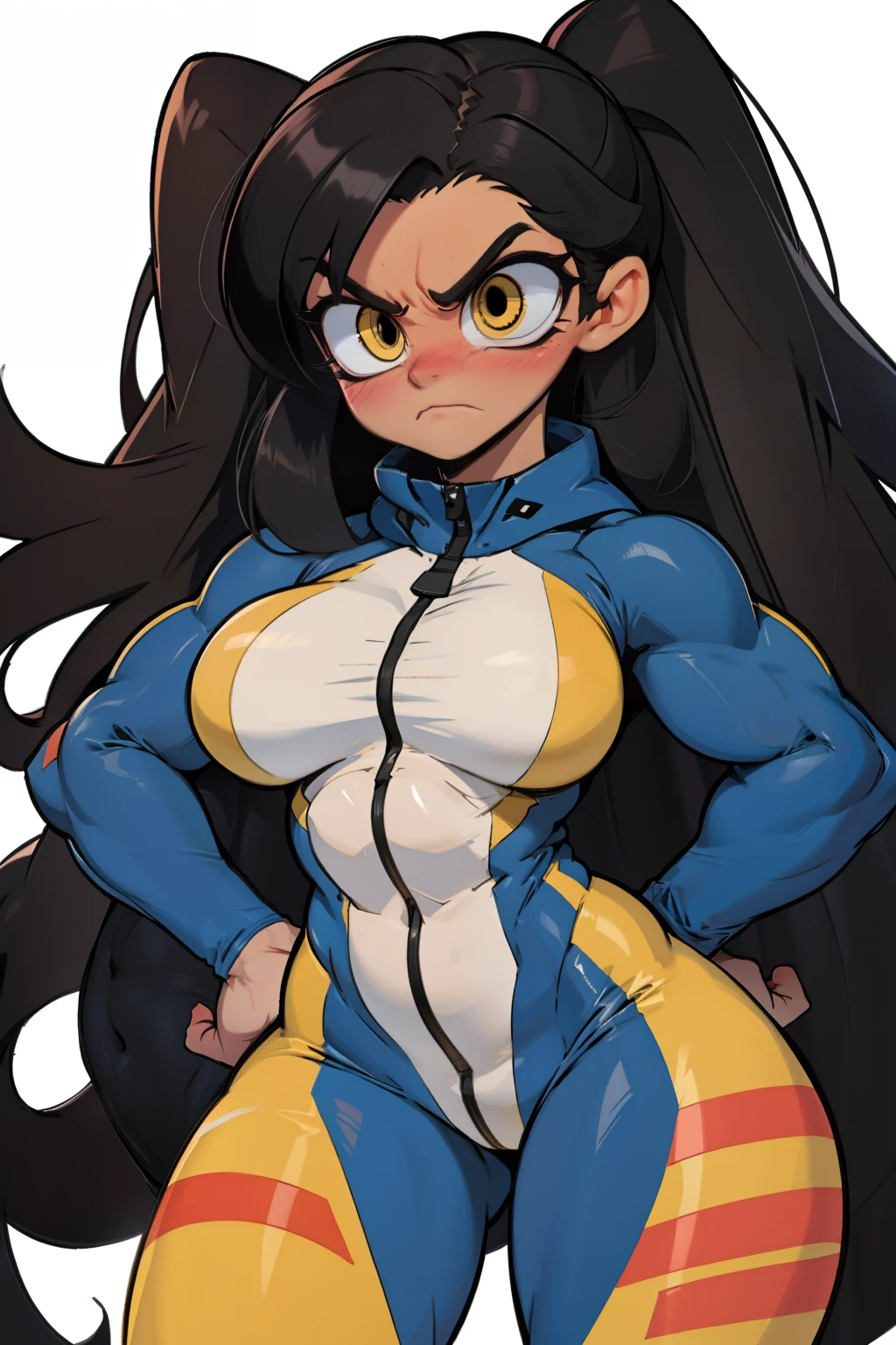 1girl (((muscular toned body))) huge breasts thick thighs wide hips curvy abs black hair yellow eyes very long hair pale skin voluptuous angry blush bodysuit