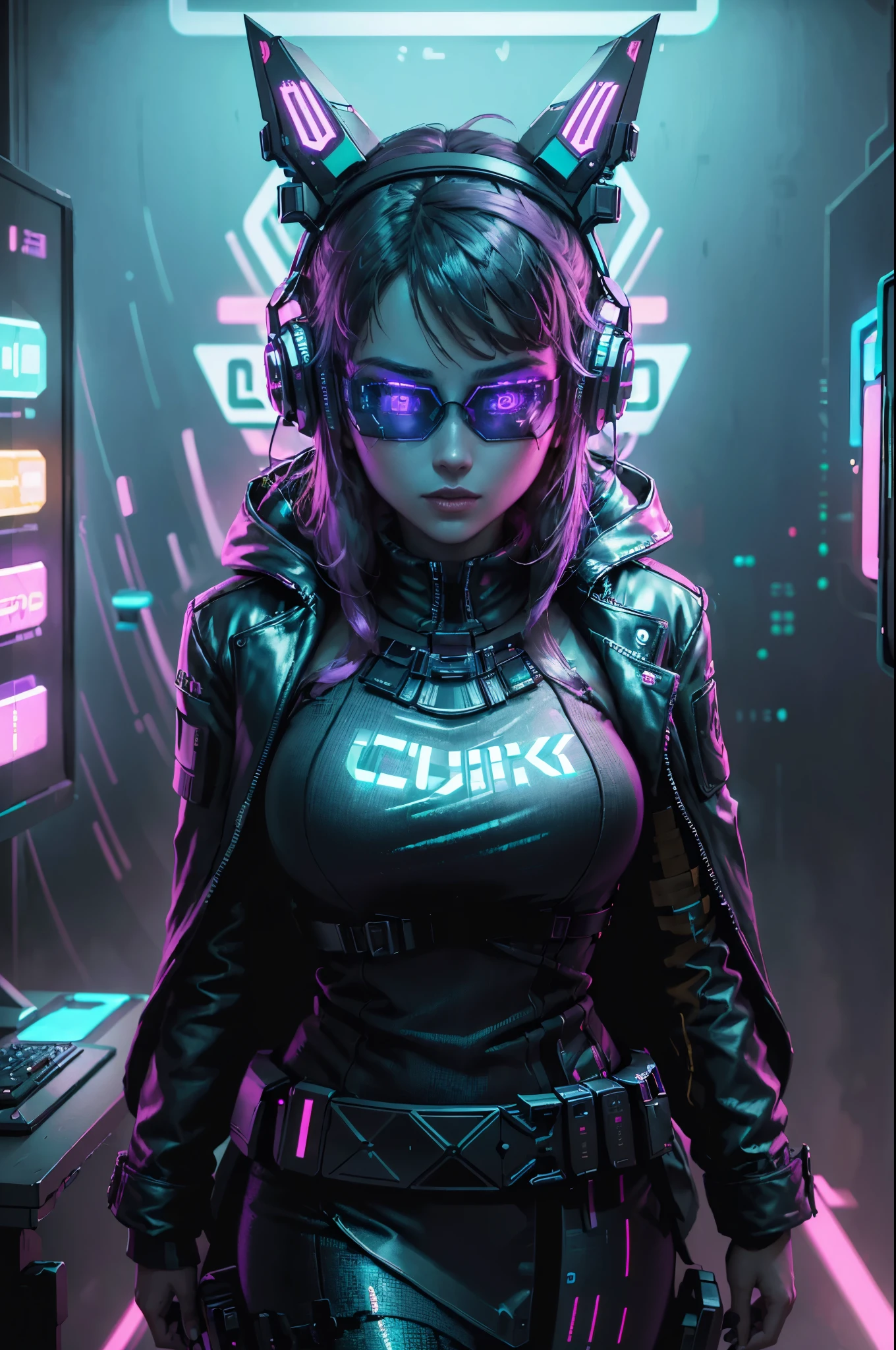 ((Best quality)), ((masterpiece)), (highly detailed:1.3), 3D,NeonNoir, beautiful cyberpunk woman,(wearing head-mounted display that is chunky and hi-tech:1.2),wearing a cape,hacking a computer terminal,PURPLE NEON LIGHT FROM MONITOR, GREEN NEON SIGNS ON THE WALL,