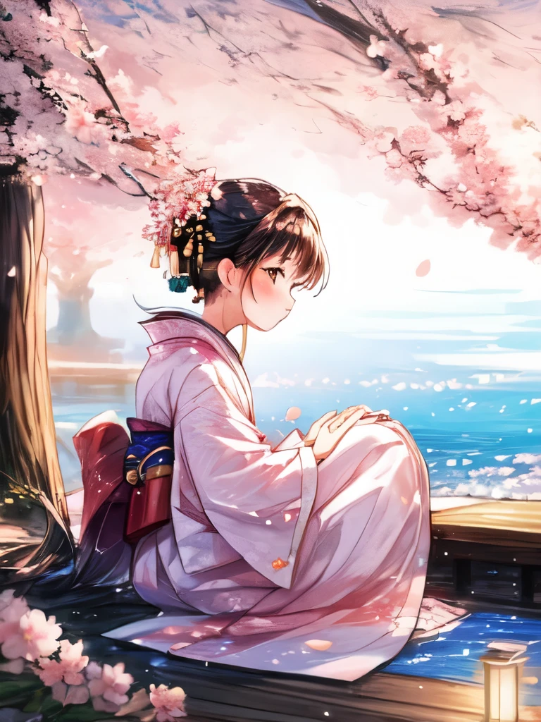 A beautiful night scene with cherry blossoms blooming under the moonlight, accompanied by a young girl wearing a traditional kimono, enjoying the serene atmosphere and gazing at the flowers in awe."