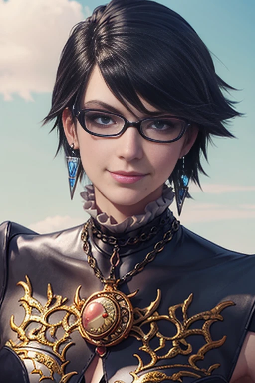 score_9, score_8_up, score_7_up, score_6_up, score_5_up, 1girl, Bayonetta, 1girl, solo, full body, looking at viewer, smile, short hair, blue eyes, jewelry, earrings, sky, black hair, glasses, lips, makeup, lipstick, eyeshadow, black-framed eyewear, alternate hair length, amulet (insanely detailed, beautiful detailed face, masterpiece, best quality) 