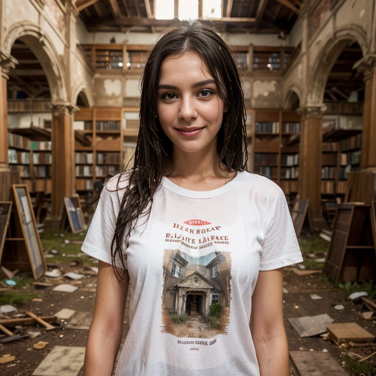 a woman, 25ear old, long brunette hairs, textured skin, romantic smile, a lot of details, plan large, inside an abandoned library, Haunted house, ruine, salopette en cuire, wet white t-shirt, dust spots, full view