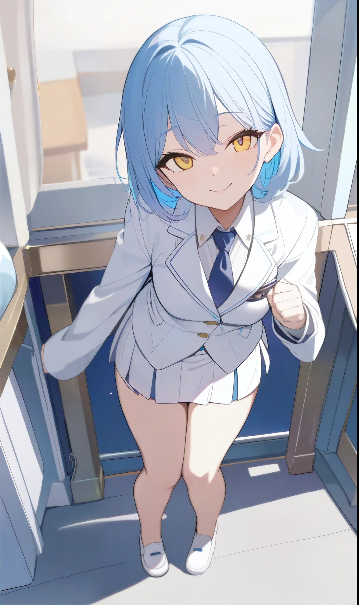 1 girl, short sky blue hair, have bang, golden yellow eyes, pink cheeks, looking at viewer, White suit, white skirt, navy tie, white shoes, (masterpiece, best quality, beautiful detailed eyes, detailed face), full body, cute, soft smile, happy face