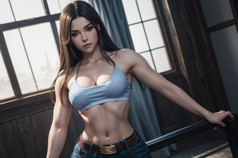Photorealistic, Ultra realistic, 16k, high quality, cinematic lights, dream atmosphere, dream aesthetic, 1girl, pale-brown hair, (realistic silky hair), cute eyes (shiny look), long flowing hair(realistic), pale-white skin illuminated, realistic textured skin, realistic shading, alternative outfit, cleavage, large natural breasts, (blue crop top:1.2), bare shoulders, midriff, golden miniskirt, realistic textures, belt, 16k resolution, detailed face and eyes, muscular female body, strong arms, lean belly, strong hips, muscular thighs, thick legs, full body, realistic, style-paintmagic, different positions at different types of angles.