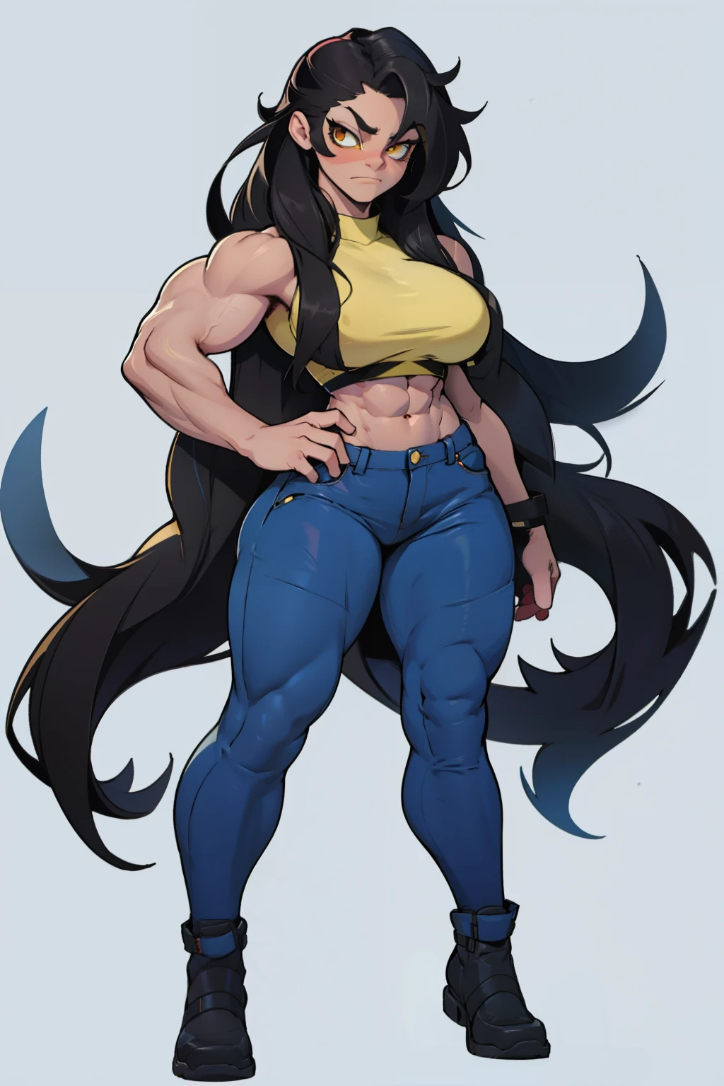 1girl (((muscular toned body))) huge breasts thick thighs wide hips curvy abs black hair yellow eyes very long hair pale skin voluptuous tight pants sad