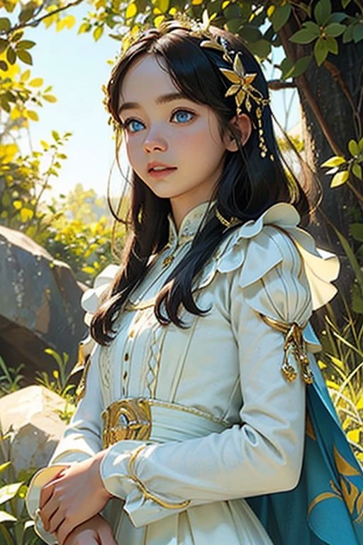 Obra maestra, hyper realismo, enfoque, alta texturas, altos detalles, con traje de  hada, alas, mariposa, rostro perfecto, sonriente, happy 9 year old boy, estilo cinematico, estilo fotografia de gran formato, hd, fantastic char, minimoys, fantastic creatures, blue eyes, light reflects in face, sun on the sky, shadows on the face contrast with colors in the face, portrait proportion, 1:1, many details in your dress, gems, ruby's, golden string. 