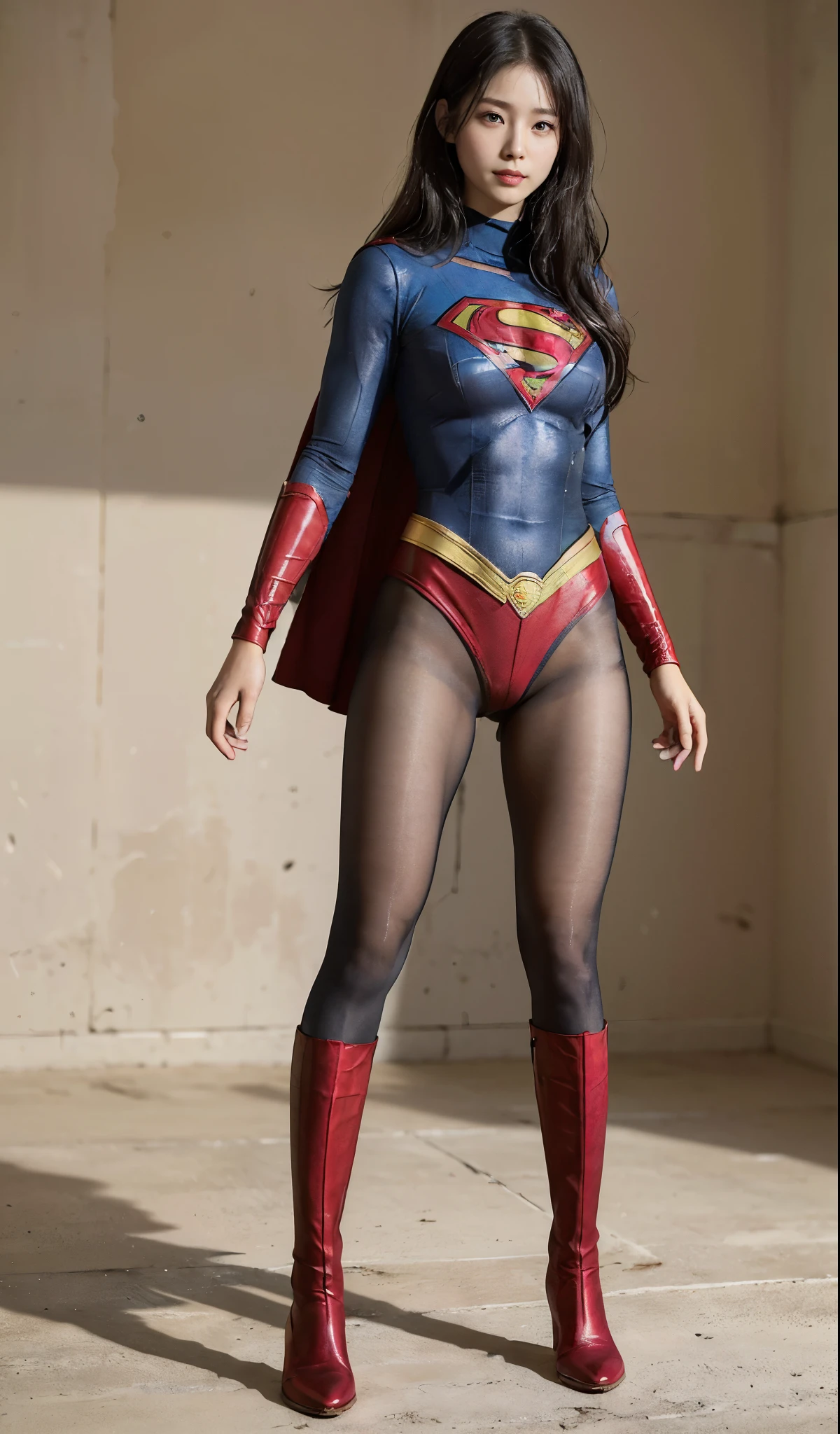 No background、(((Beautiful legs in black tights.)))、(((Legally express the beauty of your smile)))、((((Make the most of your original images)))、(((Supergirl Costume)))、(((Beautiful Hair)))、(((suffering)))、(((Please wear black tights....、Wear red boots)))、((Best image quality、8K))、((highest quality、8K、masterpiece:1.3))、(((Preserve background )))、Sharp focus:1.2、Beautiful woman with perfect figure:1.4、Thin abdominal muscles:1.2、Wet body:1.5、Highly detailed face and skin texture、8K