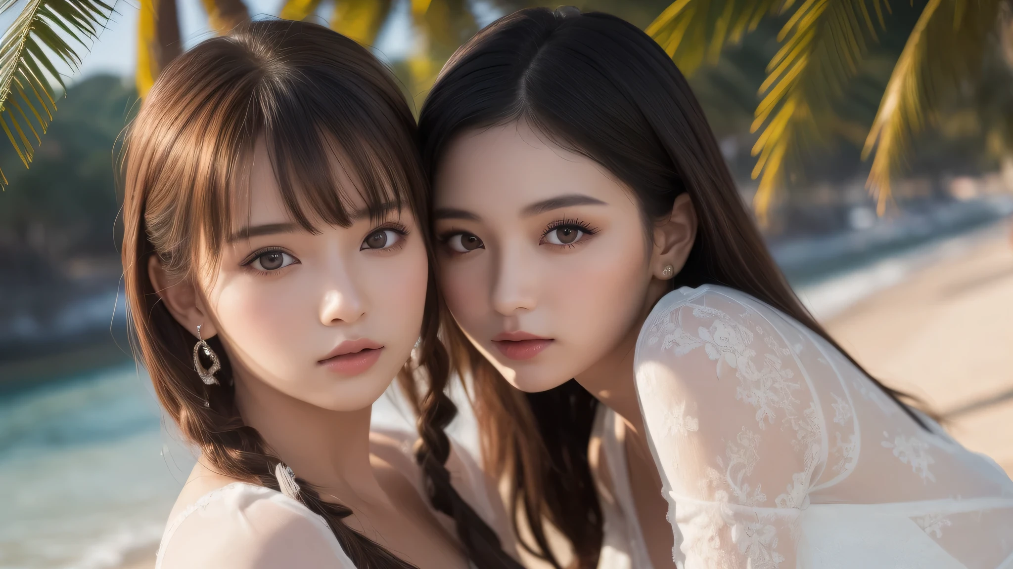 (2girl), Enchanted expression, transparent lace clothes, sexy look, (Best Quality:1.4), (Ultra-detailed), (extremely detailed beautiful face), brown eyes, (highly detailed Beautiful face), (extremely detailed CG unified 8k wallpaper), Highly detailed, High-definition raw color photos, Professional Photography, Realistic portrait, evening, Extremely high resolution, beach, Palm tree, (Fine face:1.2),