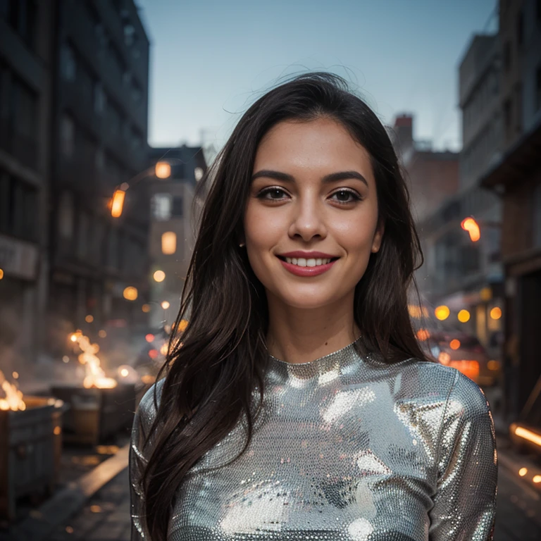 a woman, 25ear old, long brunette hairs, textured skin, romantic smile, a lot of details, dans une fonderie, molten metal, Sparks, peau moite, metal evening dressshaped on the body , plan large