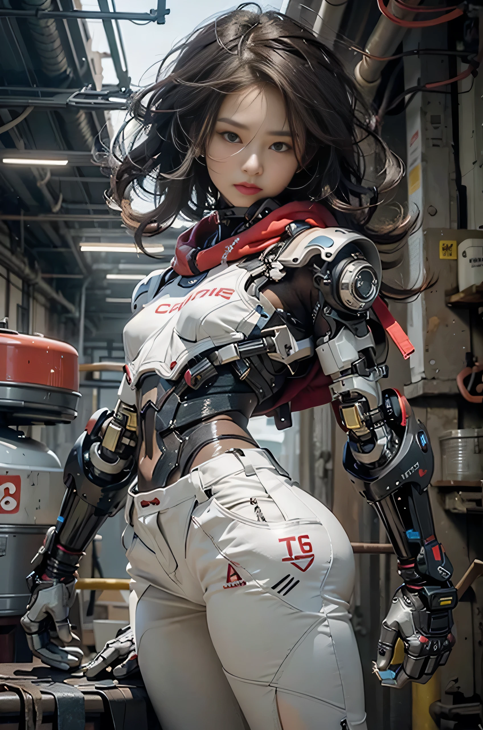 Beautiful cybernetic girl looking at camera underwear detailed muscles realistic masterpiece