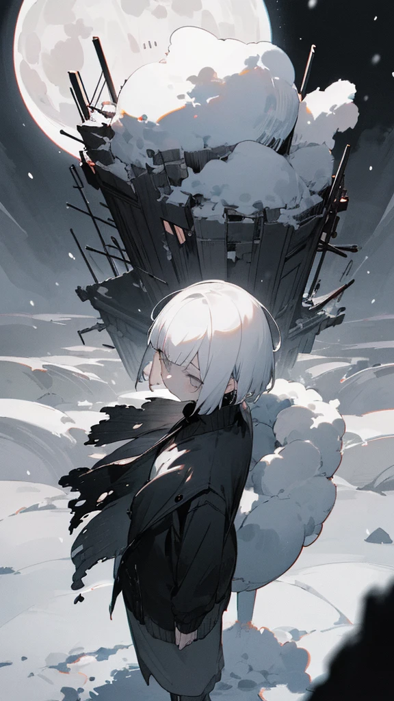 (masterpiece、highest quality)、Short nape hair、1 girl with very short white hair、Black cardigan、Grim expression、Grey Eyes、Warm lighting、 Blurred foreground、Deep in the night、High Contrast、night,Heavy snowfall,winter,full moon,Destroyed world