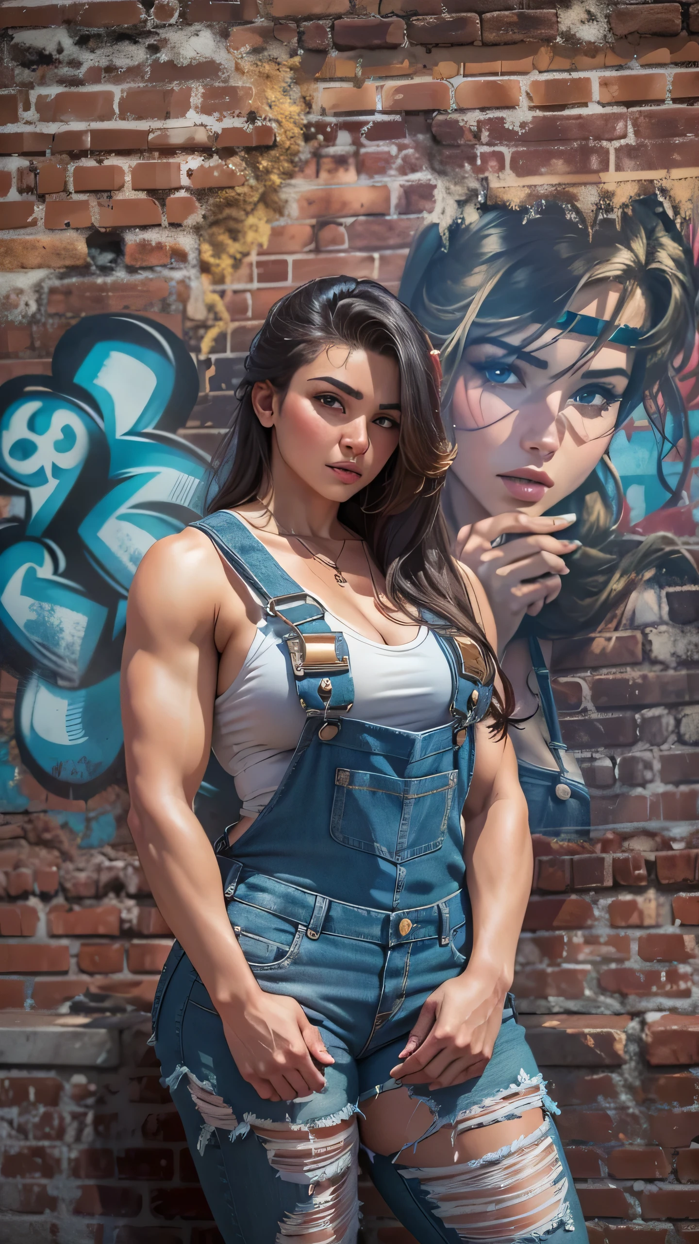 menina bonita de 19 anos, muscular arms, corpo voluptuoso, seios grandes, catsuit, Looking at camera, parede de tijolos velhos grafitados, hiper-realismo, florescer, cowboy shot, UHD, best quality, Altas, Detalhes altos, 8k