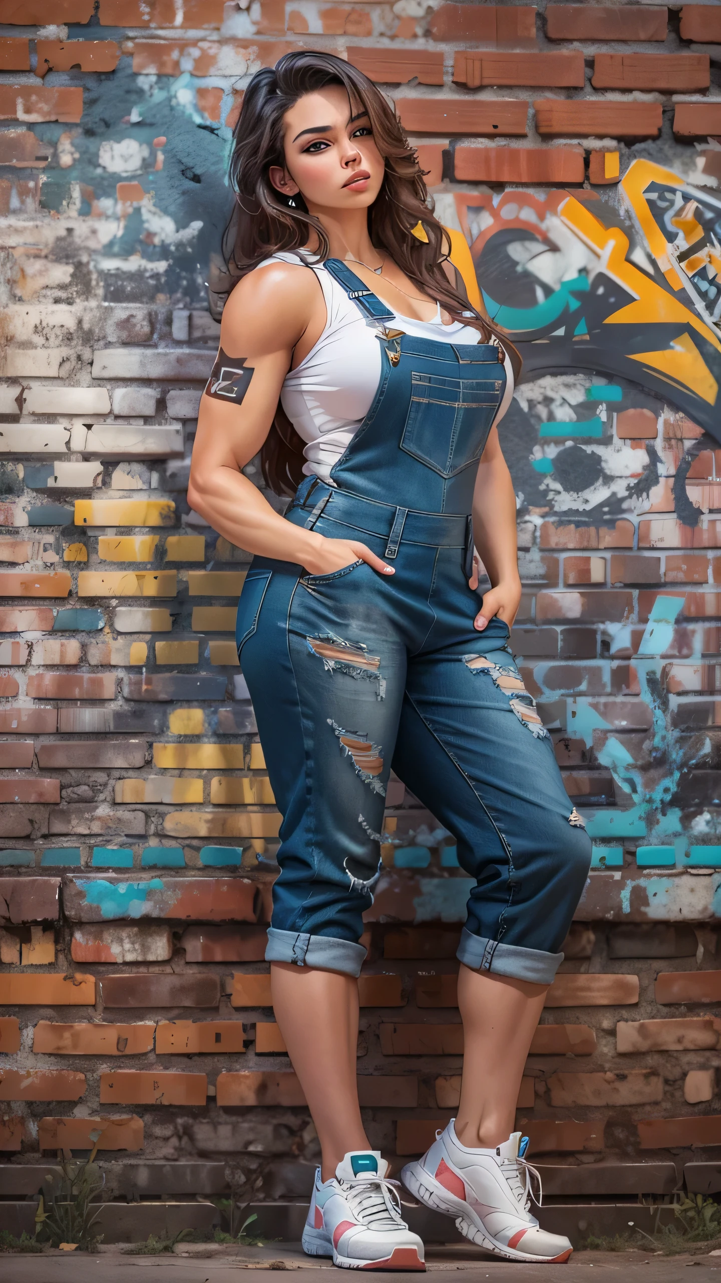 beautiful 19 year old girl, muscular arms, voluptuous body, big breasts, overalls, looking at camera, graffitied old brick wall, Hyperrealism, bloom, cowboy shot, UHD, best quality, highres, high details, 8k