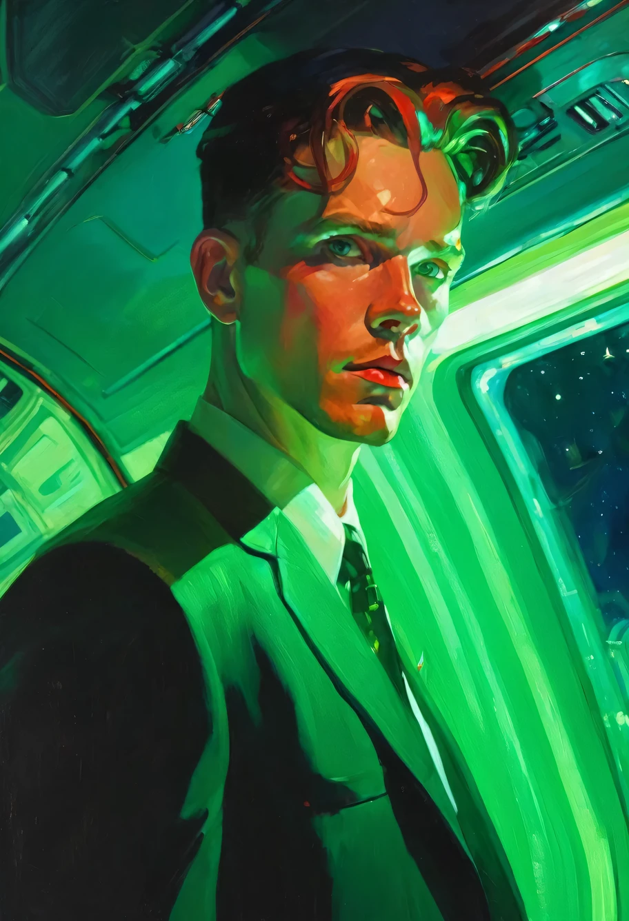 malcolm liepke painting on sensual illustration of an (highres:1.2),detailed portrait of a half-human, tall man from outer space, luminous aura, interior of an alien spaceship in detail, expressive look, green eyes, close-up, cinematic lighting, bright colors, particles of light, art wallpaper, UHD wallpaper