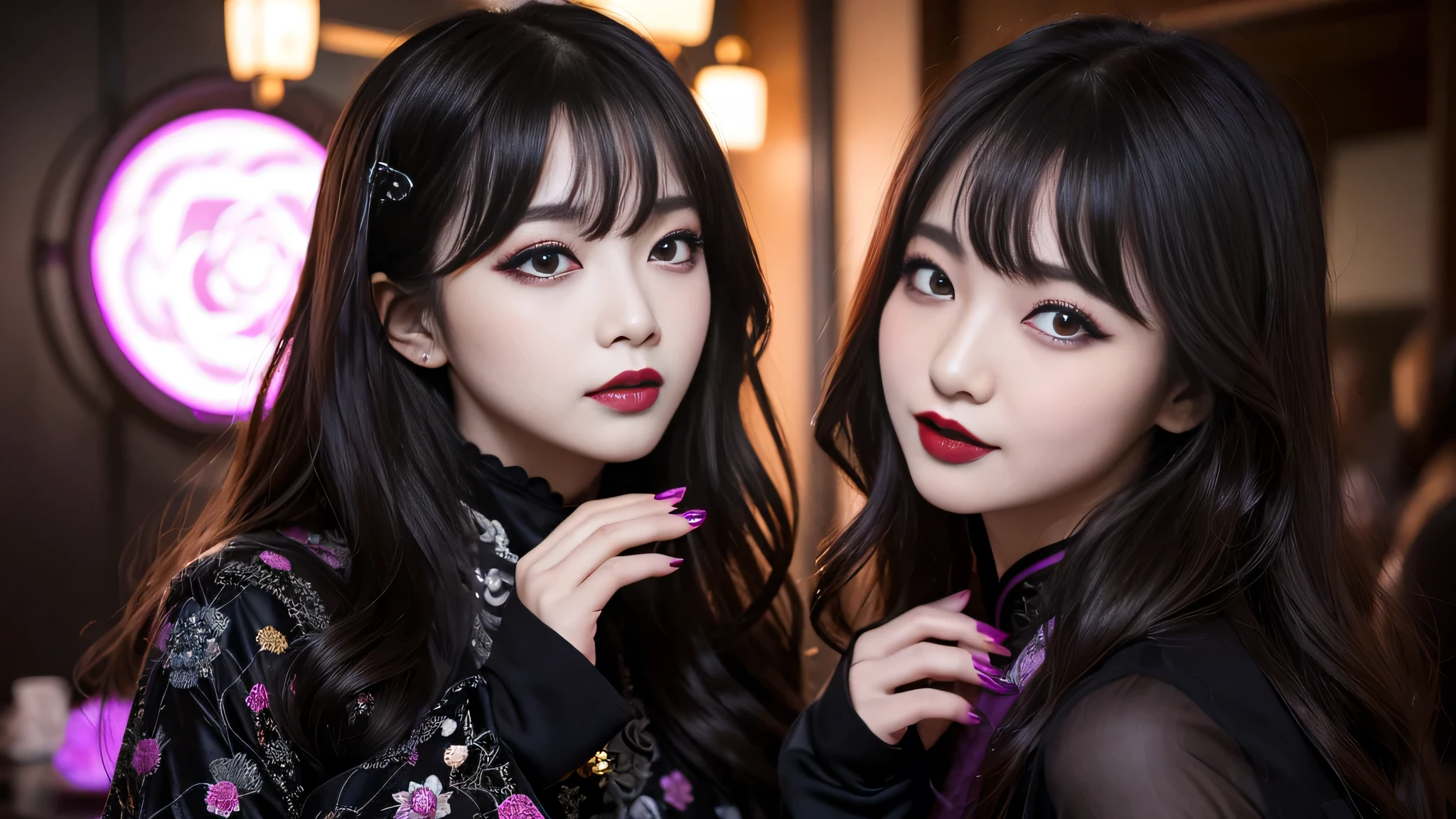 best quality、ultra-detailed、4k、Japanese、Seductive beauty、seductive adult woman、Pretty Woman、cool girl、Villainess、Brainwash、Fallen into evil、smirk、Evil look、Wicked Smile、evil、Brown hair、wavy hair、swept bangs、Butterfly Hair Ornament、dark makeup、dark makeup、piercing eyes、hollow eyes,half-closed eyes、Hollow Eyes、Purple Eyeshadow、black lipstick、black lipglos、Long Black Cheongsam、Wide sleeves、night、inside darkroom、Having lipstick、Engraving a rose pattern、Emblem of Evil、Crest of Darkness、Swear allegiance、I have pledged my allegiance、Dye black、Blackening、Stained with evil、Dyed in darkness、Spread your hands