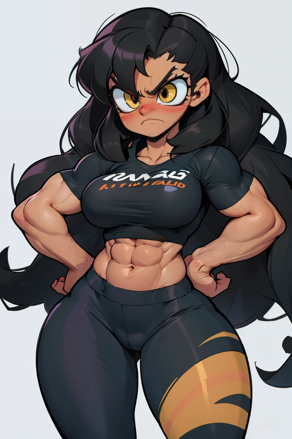 1girl (((muscular toned body))) huge breasts thick thighs wide hips curvy abs black hair yellow eyes very long hair pale skin voluptuous angry blush tight shirt leggings