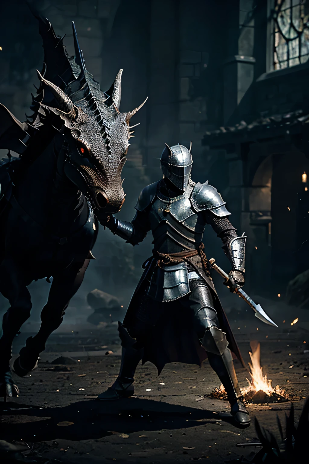 Knight from the game dark souls fighting a dragon