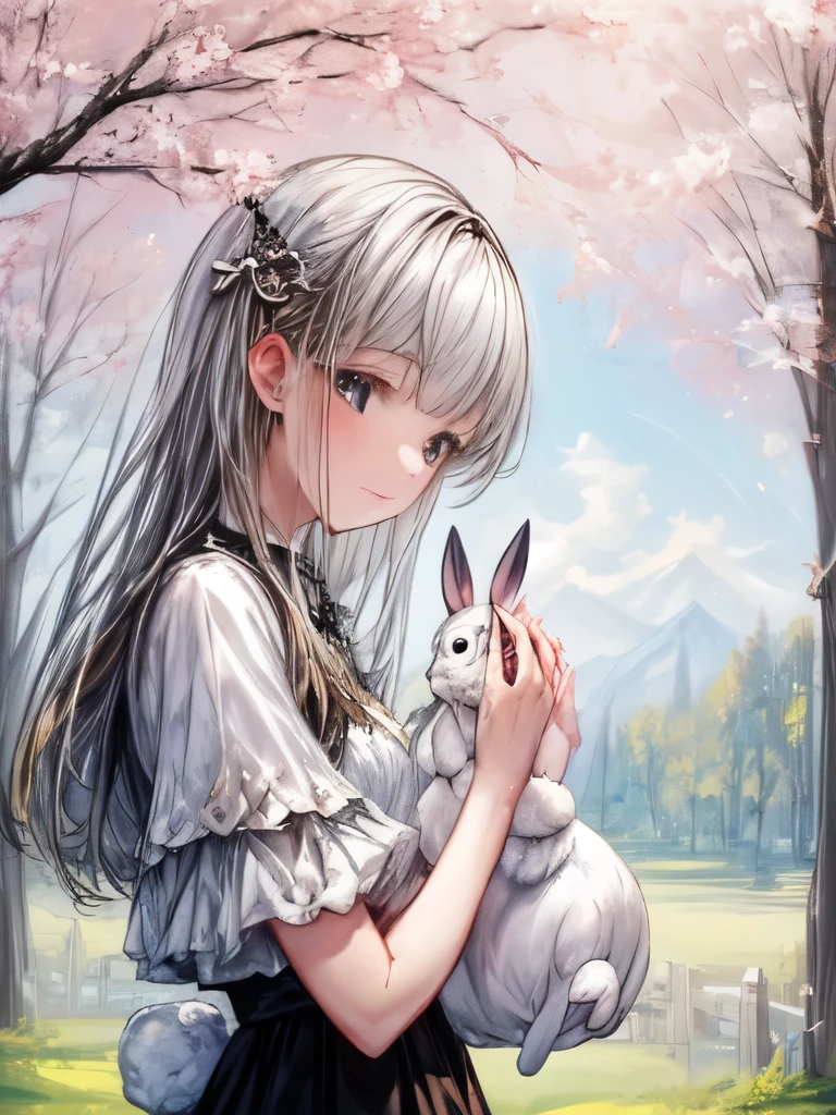 A girl playing with rabbits in a peaceful spring landscape.